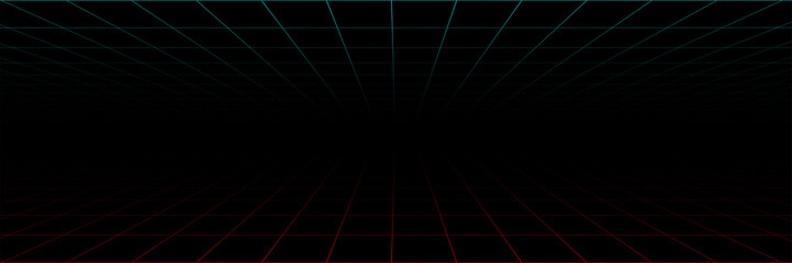 Grid lines in perspective. Abstract background. Grid seamless pattern background. Panorama view. Neon background with laser grid in design 80s. Perspective grid in red and green color. Vector 