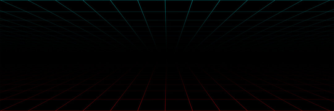 Grid lines in perspective. Abstract background. Grid seamless pattern background. Panorama view. Neon background with laser grid in design 80s. Perspective grid in red and green color. Vector 