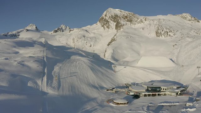 Aerial shot of Soelden ski resort and the mountains surrounding it.