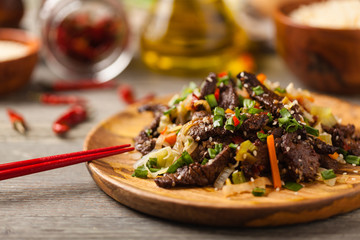 Traditional Korean Bulgogi dish. Thinly cut, grilled beef, served with rice and vegetables.