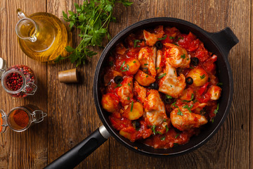 Traditionally prepared cod in Spanish. Served in tomato sauce with boiled potatoes, olivki and basil. Top view.