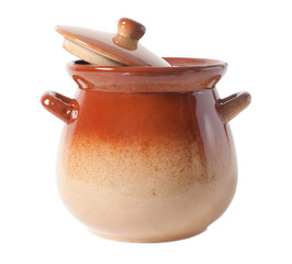 Brown clay pot with an open lid on a white background