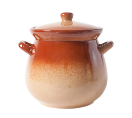 Brown clay pot with a lid isolated on a white background