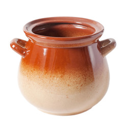 Open brown clay pot without a lid on a white background