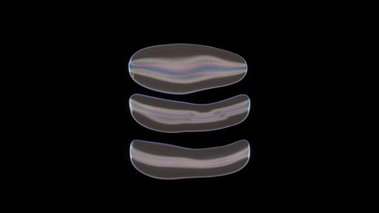 3D rendering of distorted transparent soap bubble in shape of symbol of database isolated on black background