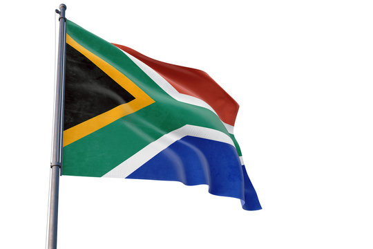 South Africa flag waving on pole with white isolated background. National theme, international concept.