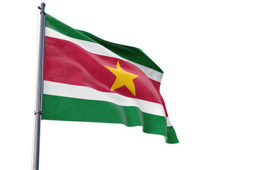 Suriname flag waving on pole with white isolated background. National theme, international concept.