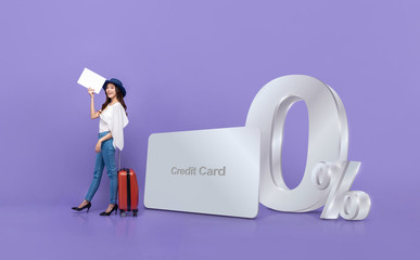 Asian tourist woman  and credit card with 0% interest instalment payment promotion