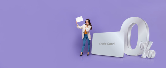 Banner of Asian woman  standing next to credit card with 0% interest installment payment plan
