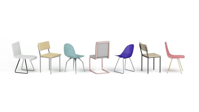 Chairs with different designs and colors on white background