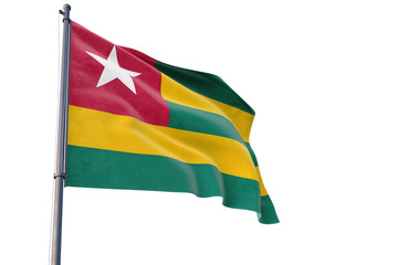 Togo flag waving on pole with white isolated background. National theme, international concept.