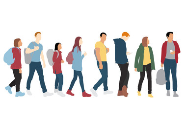 Fototapeta premium Silhouettes of men and women with backpack and smart phone, different colors, cartoon character, group of standing and waiking business people, flat icon design concept isolated on white background