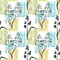 Floral seamless pattern with leaves and grass in hand drawing line sketch style, colourful illustration on grunge texture background