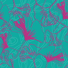 Vector seamless pattern ginko wax with pink ginkgo leaves and turquoise background