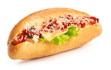 Tasty hot dog on white background