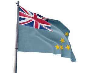 Fototapeta premium Tuvalu flag waving on pole with white isolated background. National theme, international concept.