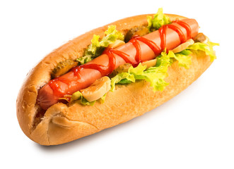 Tasty hot dog on white background