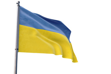 Ukraine flag waving on pole with white isolated background. National theme, international concept.