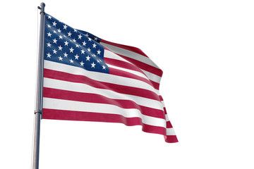 United States flag waving on pole with white isolated background. National theme, international...