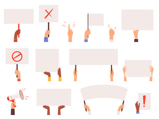Protesters banners. Holding hands politics picket blank signs manifestation vector collection. Manifestation protest, holding demonstration placard illustration