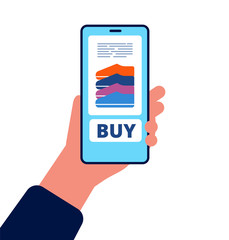 Online shopping. Hand holding smartphone press button to check out product online purchasing buying vector concept. Mobile phone screen with button buy illustration