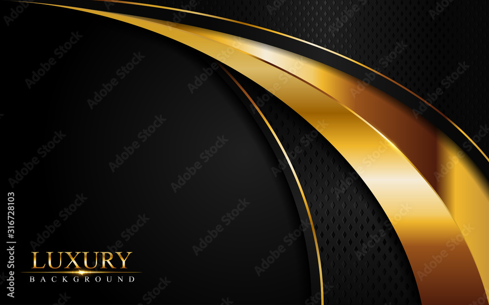 Wall mural luxury black background combine with glowing golden lines. overlap layer textured background
