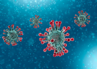 Microscopic view of Coronavirus, a pathogen that attacks the respiratory tract. Analysis and test, experimentation. Sars. 3d render