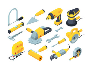 Constructions tools. Drill hammer paintbrush measuring builders equipment vector isometric. Illustration hammer and screwdriver, drill equipment