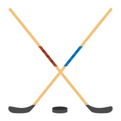 Ice hockey sticks and puck flat icon. Vector illustration