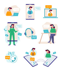 Support online. Virtual assistant person talking with technical agents helpful manager business support call center vector. Illustration support help service, assistance client online