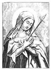 Antique vintage religious allegorical engraving or drawing of Christian virgin Mary or holy woman or saint with sword jabbed to her heart.Illustration from Book Die Betrubte Und noch Ihrem Beliebten © Zdenek Sasek