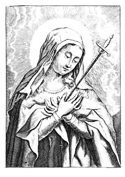 Antique vintage religious allegorical engraving or drawing of Christian virgin Mary or holy woman or saint with sword jabbed to her heart.Illustration from Book Die Betrubte Und noch Ihrem Beliebten