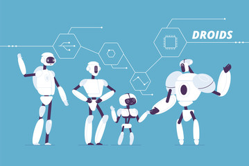 Robot group. Various androids models standing together crowd of futuristic cyborgs vector concept. Cyborg electronic, artificial mechanical robots illustration