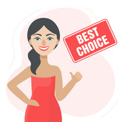 A young brunette woman smiles and gives a thumbs up.Best choice.Best deal.Discounts, sales, product liquidation, online shopping.Flat vector illustration