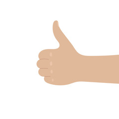 The human hand holds the thumb up.A sign of agreement, approval, and better choice.Flat vector illustration.Isolated on a white background