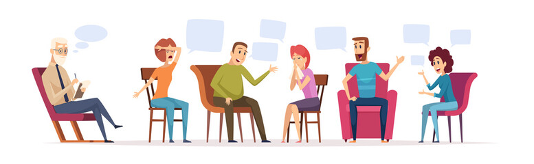 Group therapy. Crowd sitting dialogue with therapist emotional conversation patient with doctor psychology problems vector concept. Psychoanalysis conversation, group psychotherapy illustration