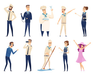 Fototapeta premium Sea cruise. Sailing captain shipping officer navigating crew ocean travel team vector characters. Illustration crew cruise, seaman and boatswain