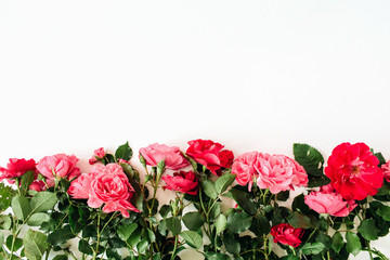 Colorful red and pink roses flowers on white background. Flatlay, top view floral composition.