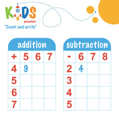 Easy colorful math count and write worksheet practice for preschool and elementary school kids.