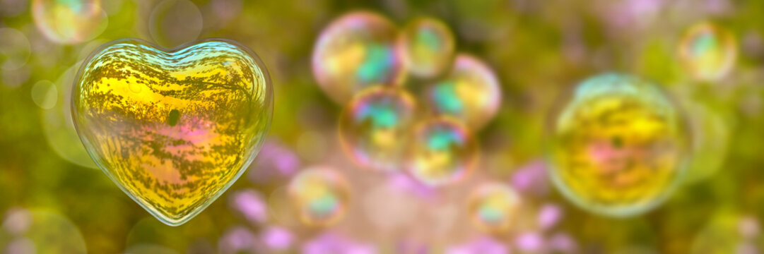 Naklejka Soap bubble in the shape of a heart on panoramic green nature background. Love and Valentine's day web banner