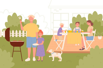 Family on picnic vector illustration. Children and parents resting outside, family members recreating together flat characters. Summertime back yard outdoor leisure, barbecue.
