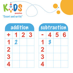 Easy colorful math count and write worksheet practice for preschool and elementary school kids.