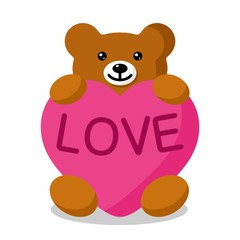 Funny character toy Teddy holding in the paws of a big heart isolated on a white background. The concept of Valentine's Day. Vector illustration