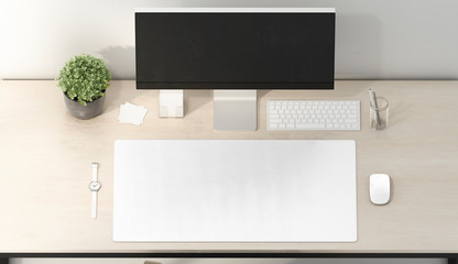 Blank white desk mat mouse and keyboard mockup, top view