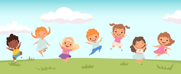 Happy jumping kids. Funny children playing and jumping on meadow. Little people vector background. Friendship girl and boy, childhood joy group illustration