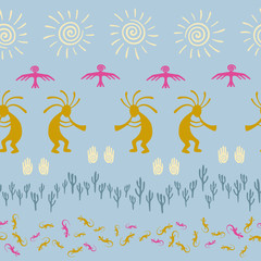 Folk, design with lizard, Kokopelli fertility deity, sun, eagle, cacti.