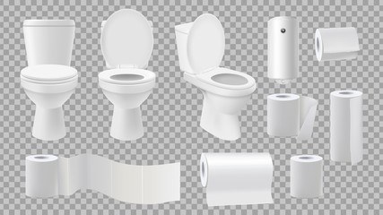 Realistic toilet bowl. Restroom accessories isolated on transparent background. Paper rolls and and air freshener vector set. Bathroom toilet, hygiene clean paper for restroom illustration