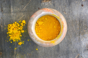turmeric powder in  mortar