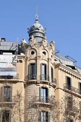 Ornate Spanish Apartment Building with round Tower-Cupola & Balconies