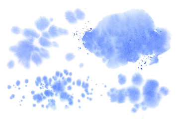 Set of blue watercolor stain, paint spots and drops. Abstract water or sea background for summer or pack design